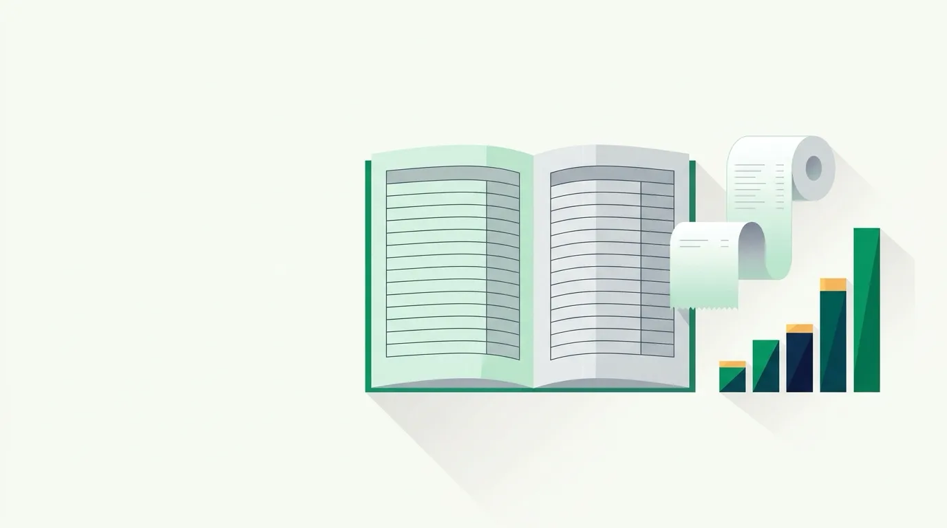 Open ledger book with a receipt roll and a bar chart