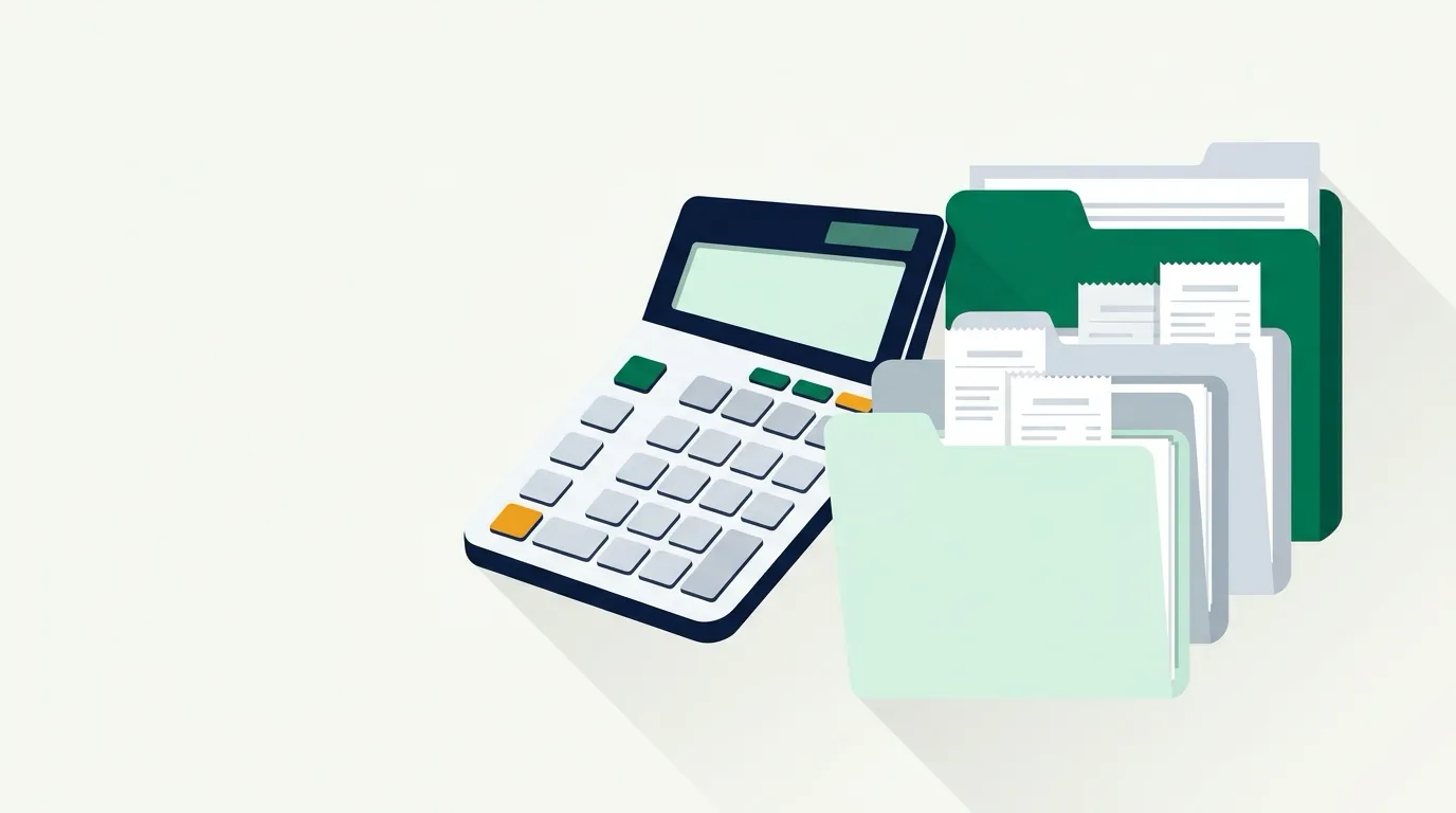 Calculator beside neatly sorted receipt folders and documents