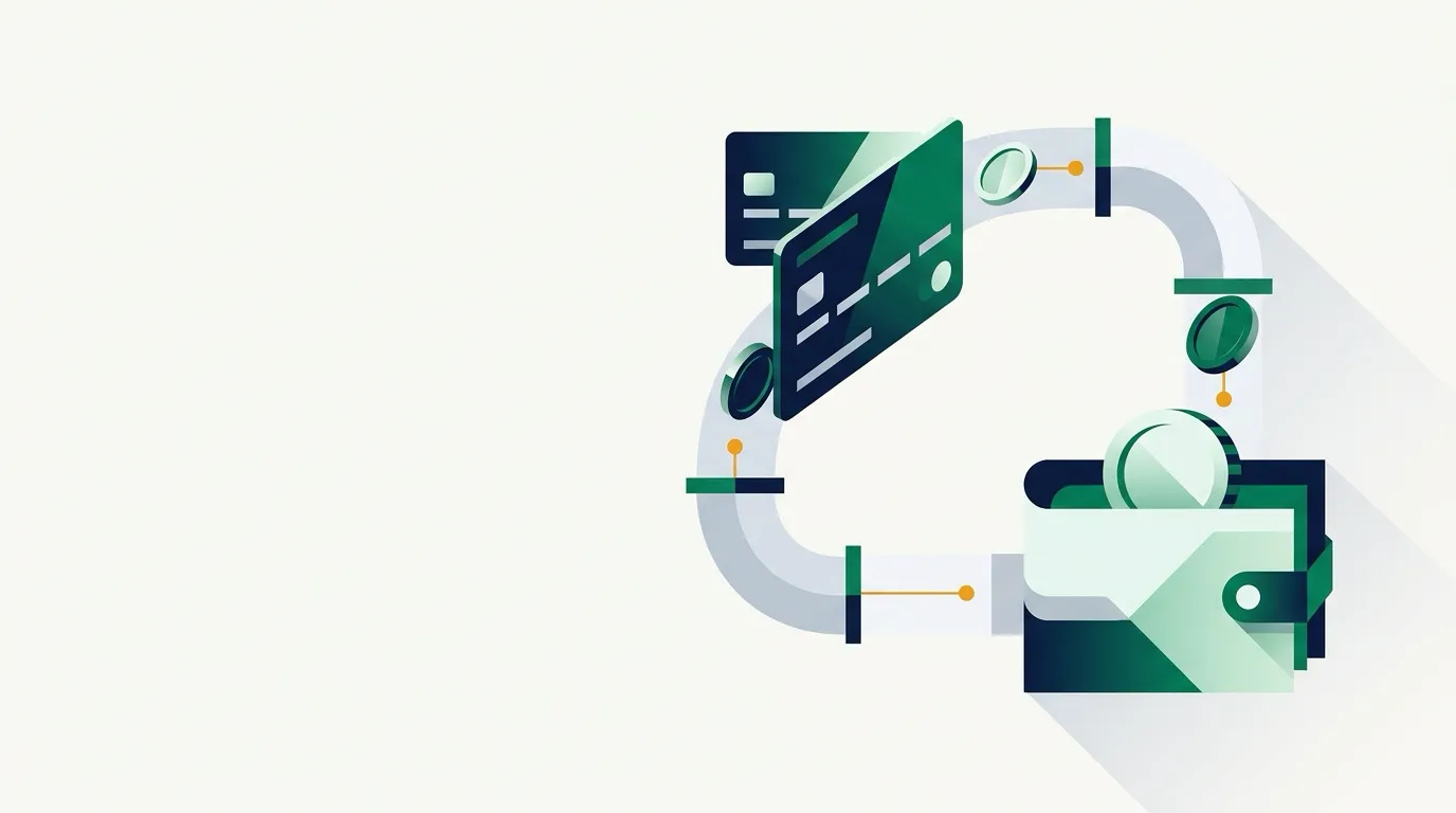 Coins and payment card flowing through a pipeline into wallet