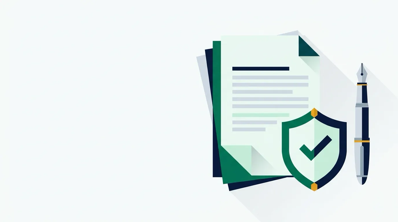 Stack of document pages with a security shield and fountain pen