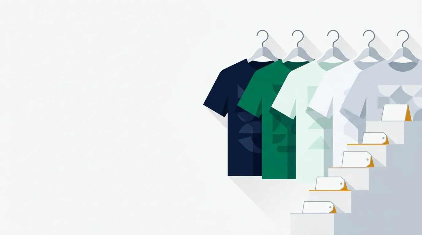 Hanging graphic t-shirts beside a rising staircase of blank price tags