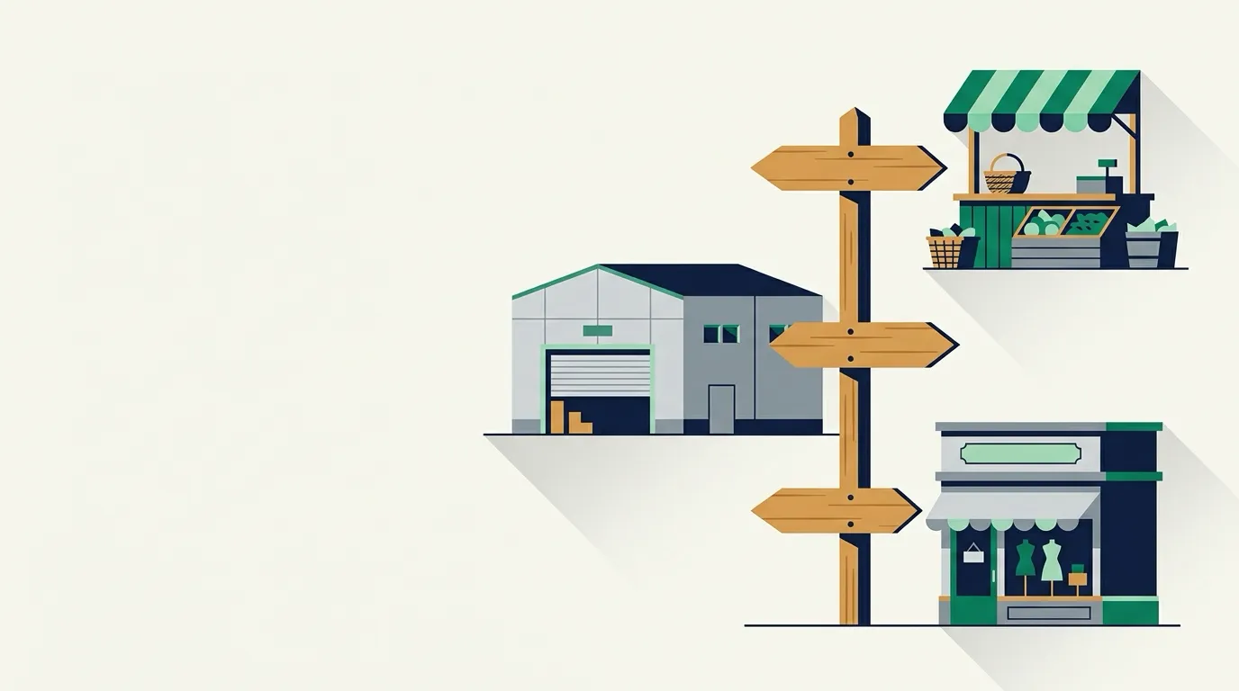 Signpost with arrows pointing to market stall, warehouse, and shop