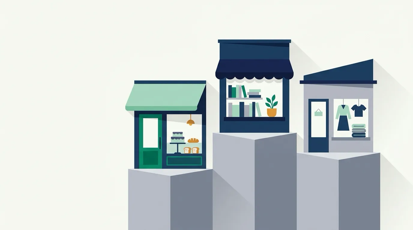 Three small storefront display windows standing side by side on podiums